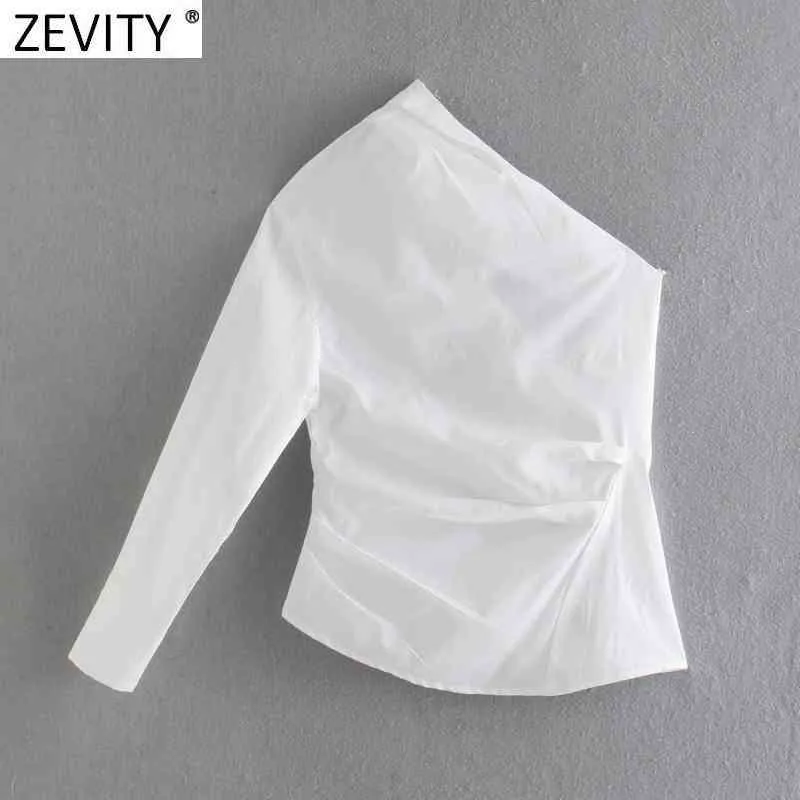 Zeefity Dames Mode Enkele Schouder Wit Asymmetrische Smok Blouse Dames Back Knoppen Geplooid Femininas Shirt Chic Tops LS9306 210419