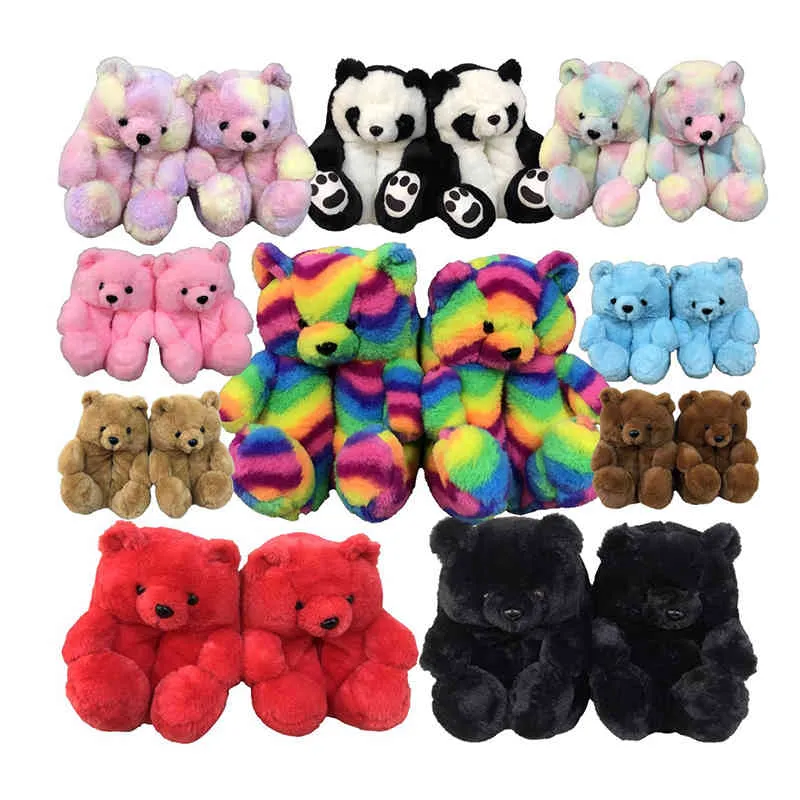 Ours en peluche femmes en peluche pantoufles dessin animé mignon ours maison pantoufle intérieur fourrure fausse fourrure diapositives femme chaussures sandales 2021 Y0406