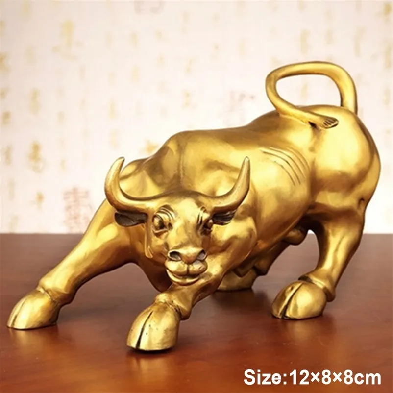 100% Brass Bull Wall Street Nötkreatur Skulptur Koppar Mascot Gift Staty Utsökt Office Decoration Crafts Ornament Cow Busi Y6L6 210727