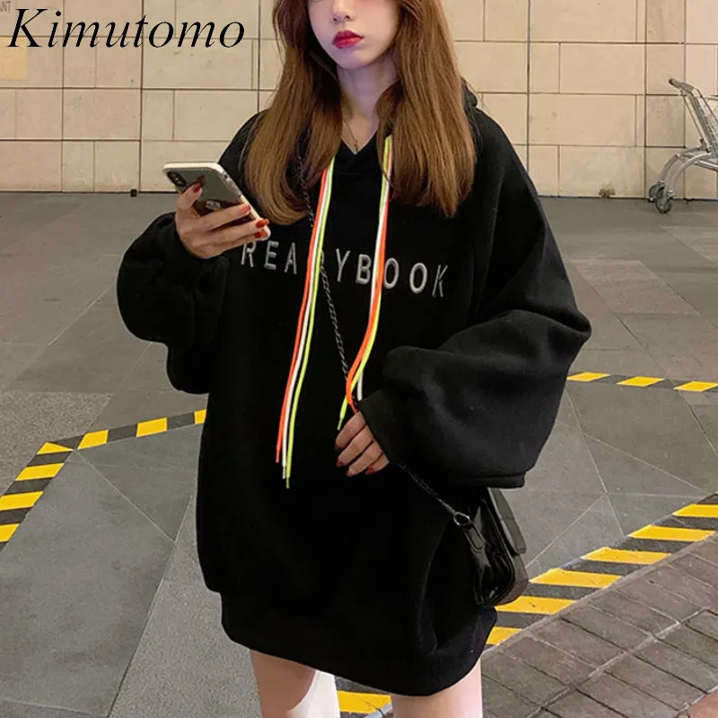 Kimutomo Kobiety Bluzy Zima Korea Moda Preppy Style Panie Dzikie Gruby Z Kapturem Z Długim Rękawem Pulower Outwear Loose 210521