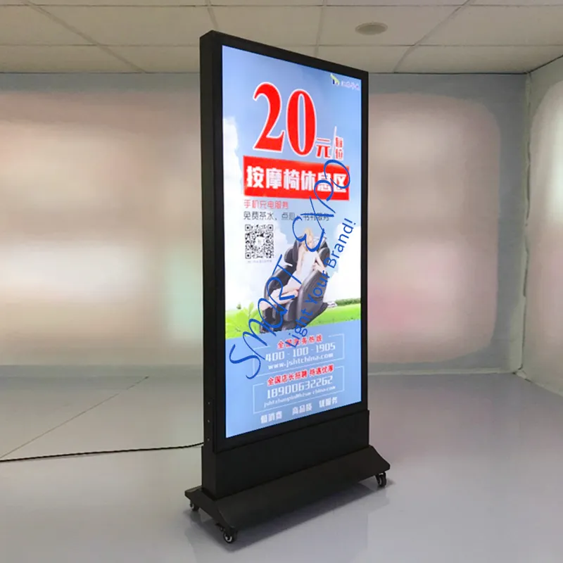 60 * 150 cm Loja ao ar livre dianteiro cartaz placa de publicidade dupla caixa de luz em movimento com rodas de base Embalagem de caso de madeira