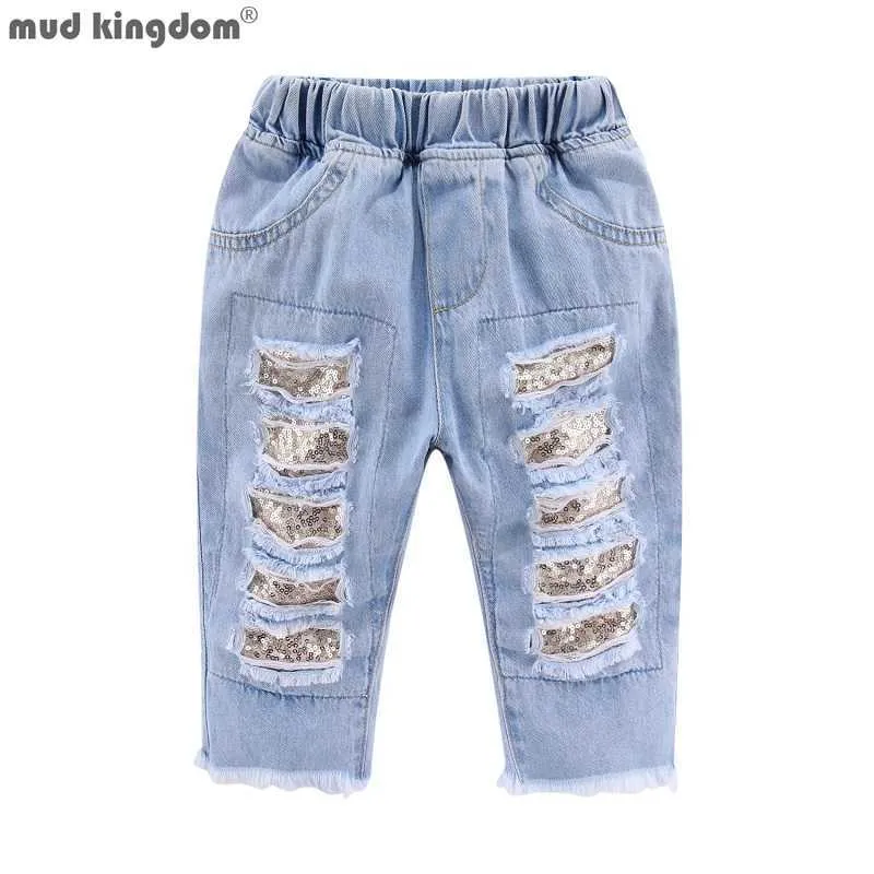 Mudkingdom Sparkly Paillettes Ragazze Crop Jeans Moda Gamba Dritta Bambina Ritagliata Pantaloni Denim Pantaloni Bambino Vestiti Estivi 210615