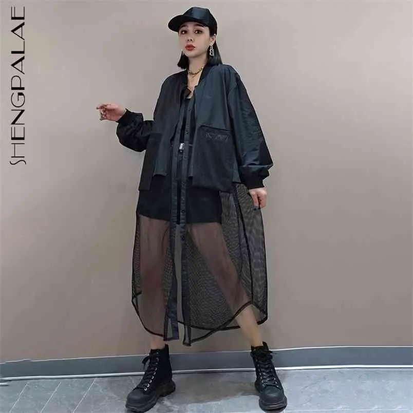 Shengpllae Personlity Długa Kurtka Damska Wiosna Okrągły Neck Pojedynczy Breasted Duży rozmiar Patchwork Mesh Coat Tide 5B1002 210427