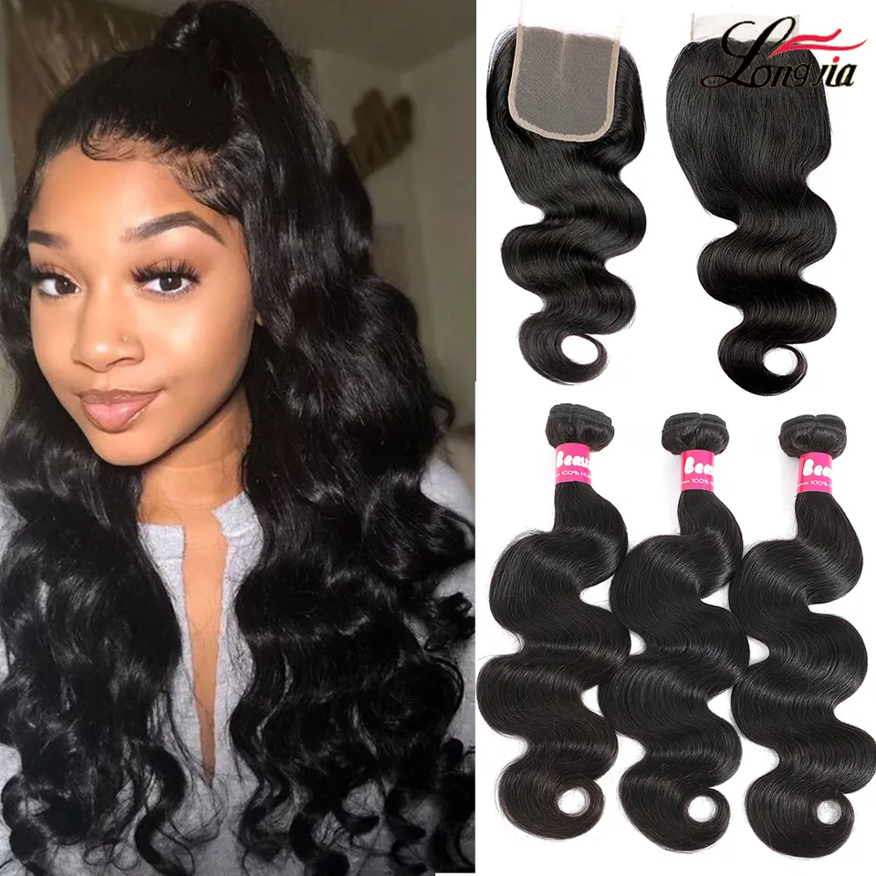 Partihandel 9A Brazilian Body Wave Hårbuntar med spetsförslutning Obearbetade Brazilian Body Wave Människohår med stängning