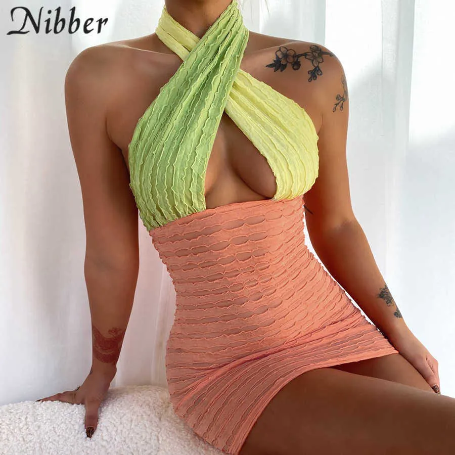 Nibber Criss Cross Halter Splicing Sukienki dla kobiet Sexy Backless 2021 Summer Active Streetwear Skinny Slim Party Mini Dress Y0726