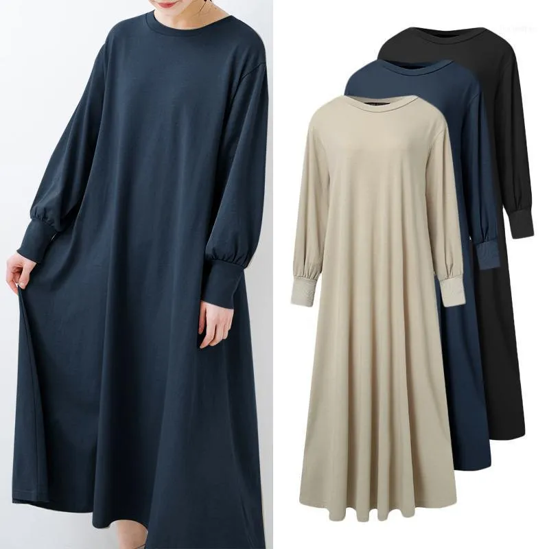 Casual Long Puff Sleeves Robe Femme Women's Solid Round Neck Vestidos Fashion Autumn Ladies Midi Calf Dress Oversized 5XL1