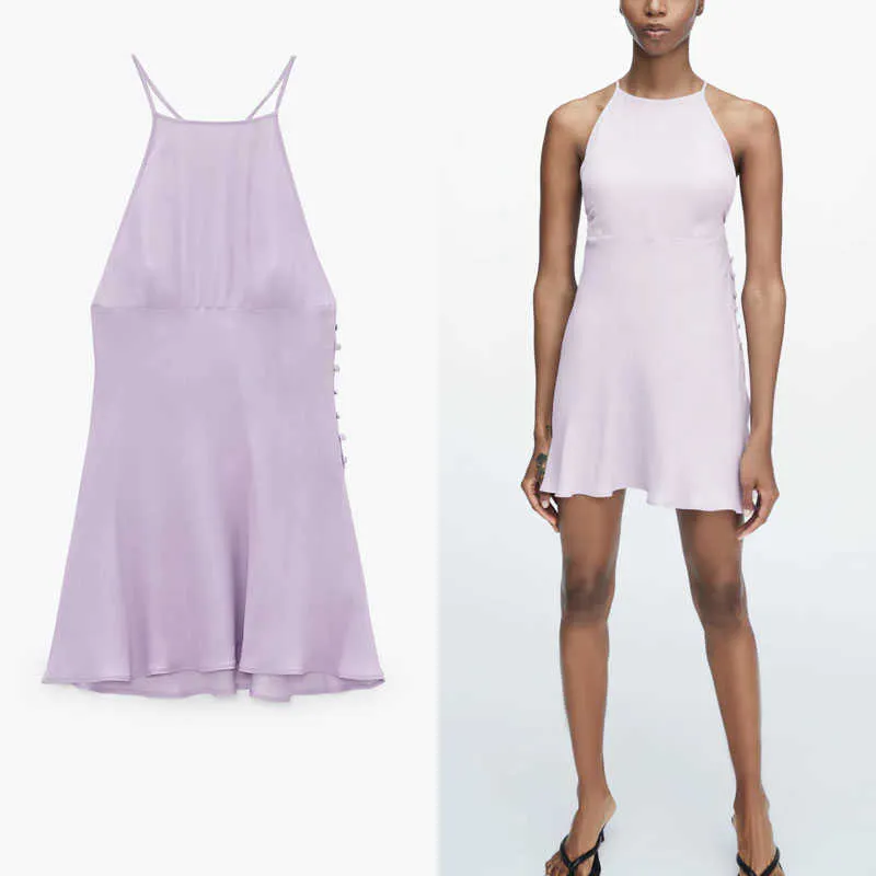 ZA violet Sexy Mini Slip robe femmes sans manches dos croisé bretelles Spaghetti robes de soirée bouton latéral femme robe d'été 210602