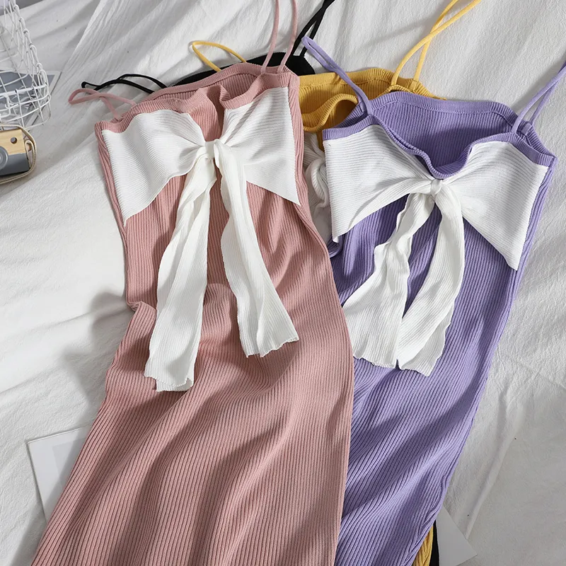 Летнее сладкое контрастное цветное поклон вязаной суспендирующей оболочкой платье тонкий бедро корейский снизу Винтаж для женщин 210420