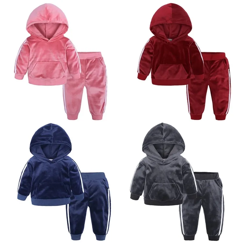 Boys Girls Velvet Clothes Sets Children Sweatshirt + Sweatpants Hooded Tracksuit Outfits Kid Clothing 80-140 Fashion Sport Suit 211224