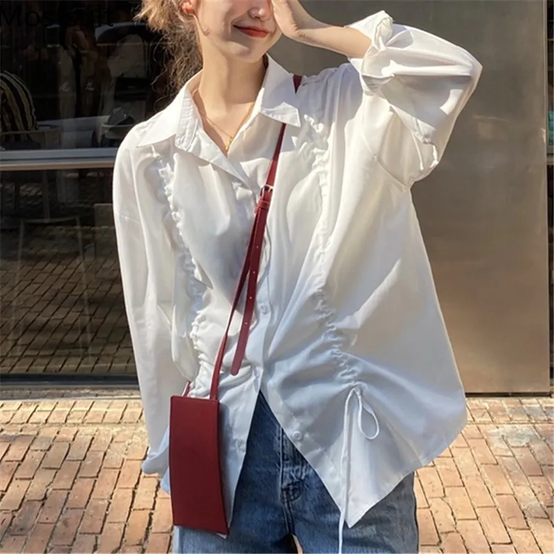 Drawstring 한국어 간단한 여성 셔츠 블라우스 전체 슬리브 턴 다운 칼라 캐주얼 느슨한 패션 숙녀 Blusas 탑스 Femme 210514