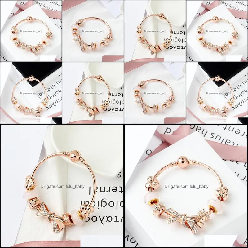 Pandor fashion rose gold shining bow bracelet 18cm 19cm 20cm love charm glass bead jewelry wholesale