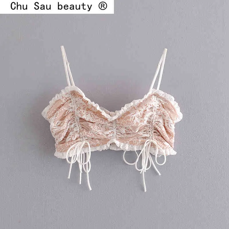 Chu Sau Beautyファッションセクシーなレーススリングチューブトップ女性夏のパーティーウェアノースリーブレディーストップスバックレス短い骨格210508