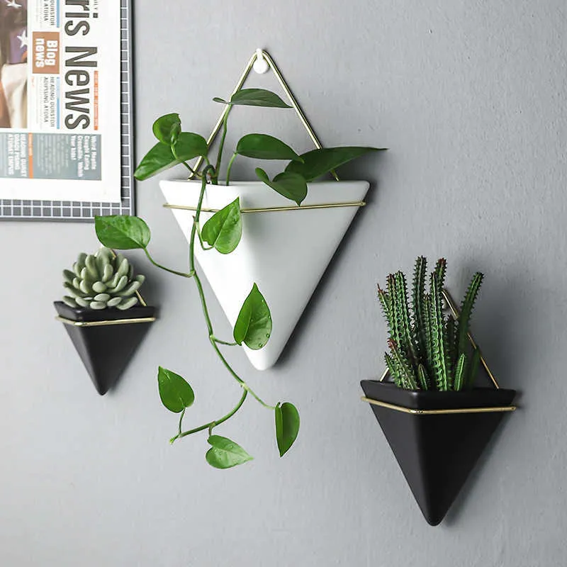 Fashion Triangle Ceramic Hanging Flower Pots Nordic Home Decoration Vaso Plant Hanger Planter Wall Decor