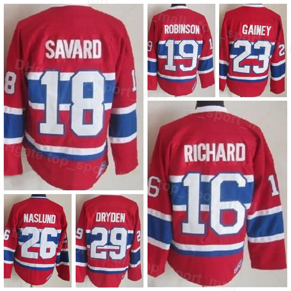 Hommes Vintage Rétro Hockey sur Glace 16 Maillot Henri Richard 18 Serge Savard 19 Larry Robinson 23 Bob Gainey 26 Mats Naslund 4 Jean Béliveau 1 Jacques Plante CCM JiaNaDaRen