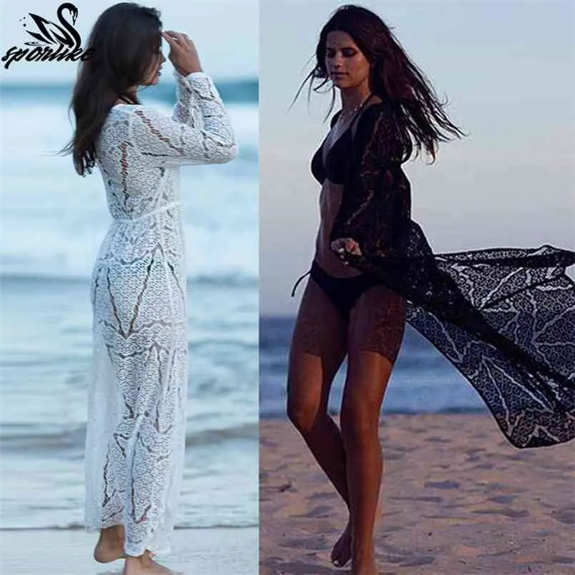 Long Crochet Beach Cover Up Robe de Plage Swimsuit SaidA Praia Longa Mulheres Banhos Túnica de Cobertura para 210722