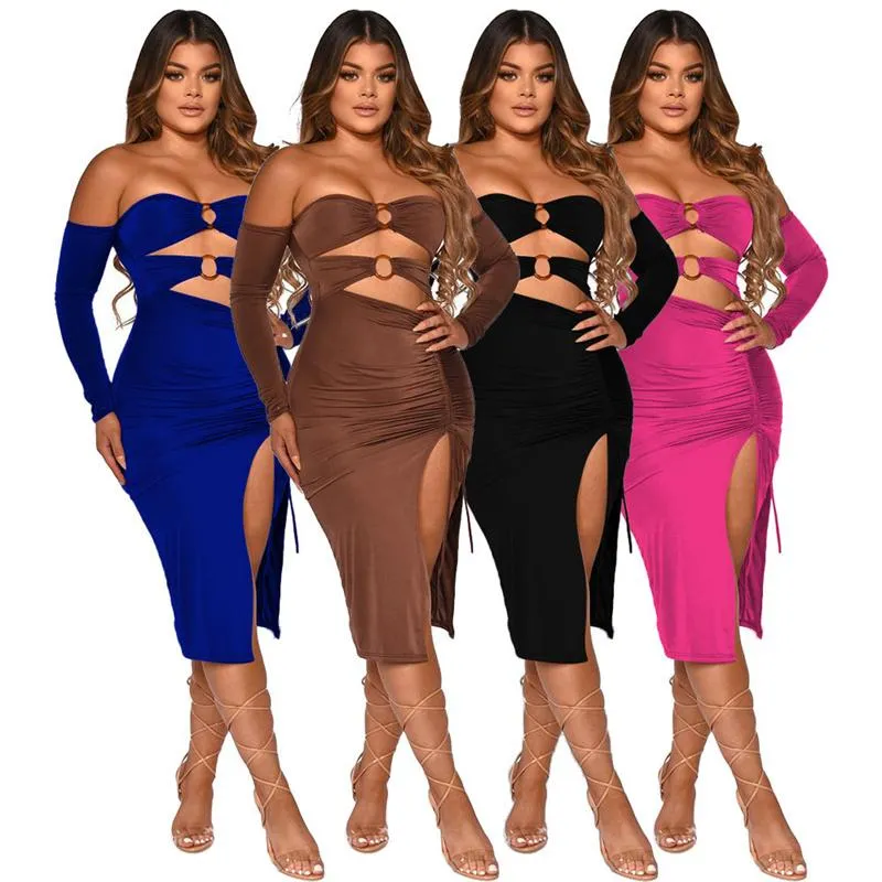 Casual Kleider WUHE Sexy Nacht Party High Side Slit Cut Out Frauen Off Schulter Kleid Langarm Bodycon Geraffte Gestapelt bleistift