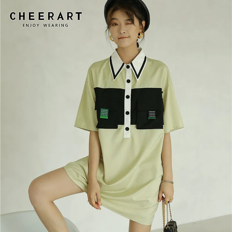 디자이너 녹색 느슨한 여름 칼라 셔츠 드레스 여성 짧은 소매 반 버튼 컬러 블록 패치 워크 주머니 210427