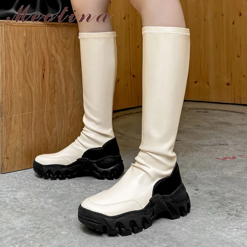 Riding Boots Women Shoes Real Leather Platform Flat Long Round Toe Knee-High Ladies Autumn Winter Beige 40 210517