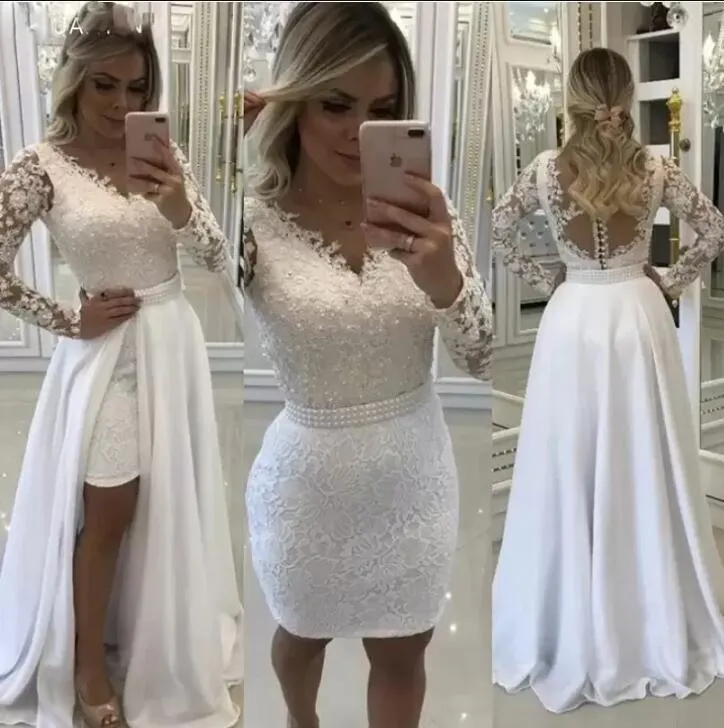 Custom made Off the Shoulder White Lace Short Cocktail Dresses Nude beauty with Long sleeve Prom for party
