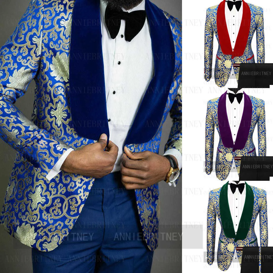 Brand New Designs Noir Velours Floral Imprimé Costumes Hommes Slim Fit Marié De Mariage De Bal Dîner Smoking Sur Mesure Blazer Pantalon 2 Pièce X0909