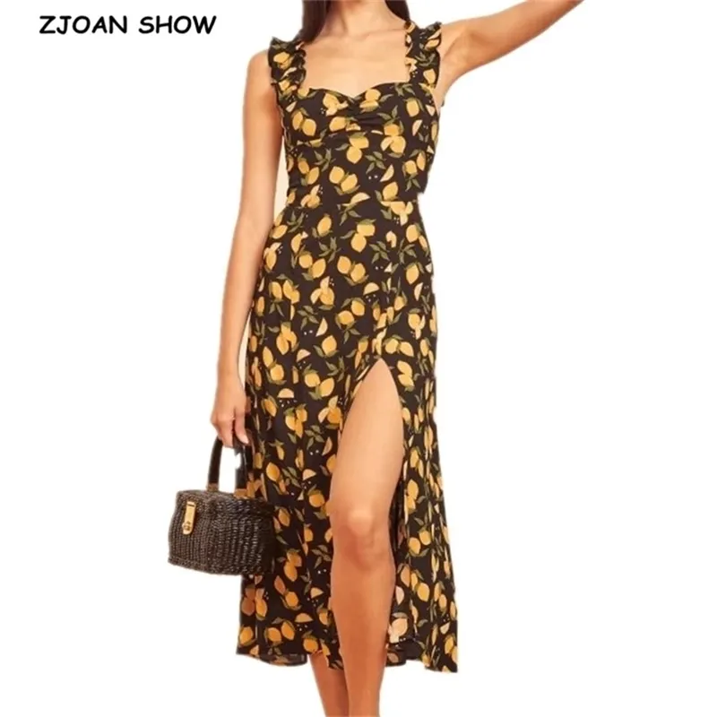 French Women Sling Dress Back Elastic Ruched Lemon Print Wood ears Spaghetti Strap Hem Slit Mid-Calf Dresses Party 210429