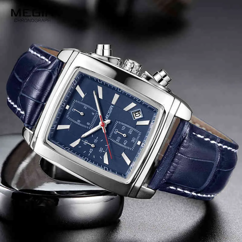 Megir Rectangle Dial Store de cuero Reloj For Men Casual Blue Cronograph Quartz Watches Man Wristwatch Montre Reloj 211231