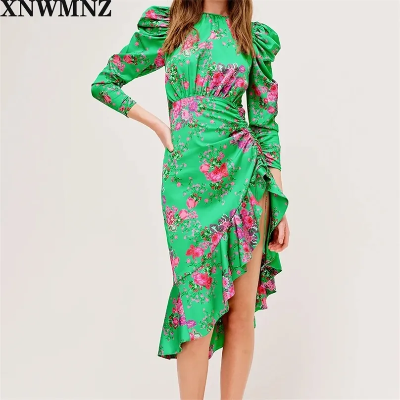 Femmes Floral Print Midi Robe asymétrique Cordon de serrage Jupe à volants Cravate Drapée Manches Haute Décolleté Chic Femelle Mujer 210520