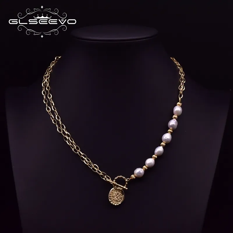 Glseevo handgjorda färskvatten pärlor 2 lager kedjor asymmetri hängsmycke halsband kvinnor flickor böhmen smycken för fest gn0196
