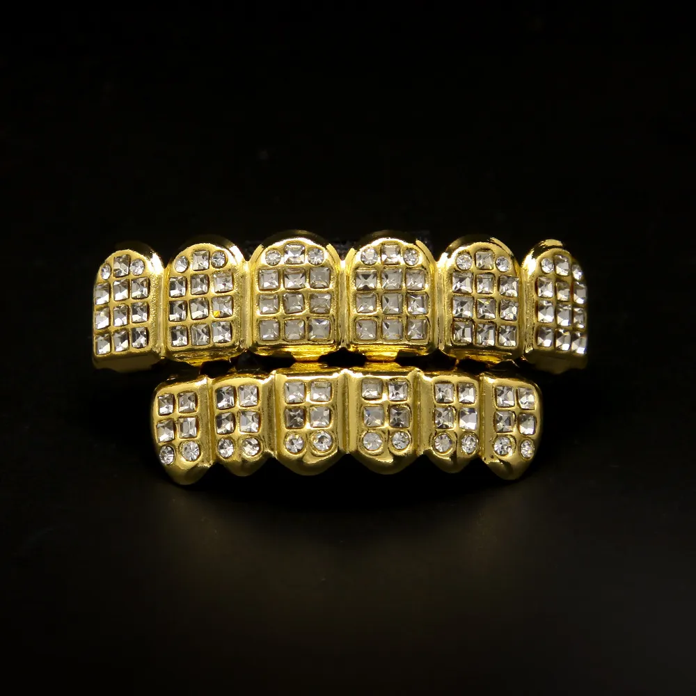 Tillverkare Real Gold Grillz Grills Inser Diamond Denture med guld Hip Hop Smycken Tänder Set