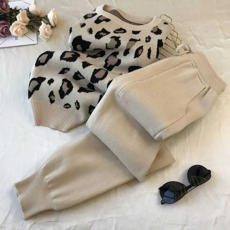 Amolapha Женщины вязаные леопардовые пуловерные свитера + брюки наборы женщина мода перемычки брюки 2 шт. Костюмы Outfit Y0625