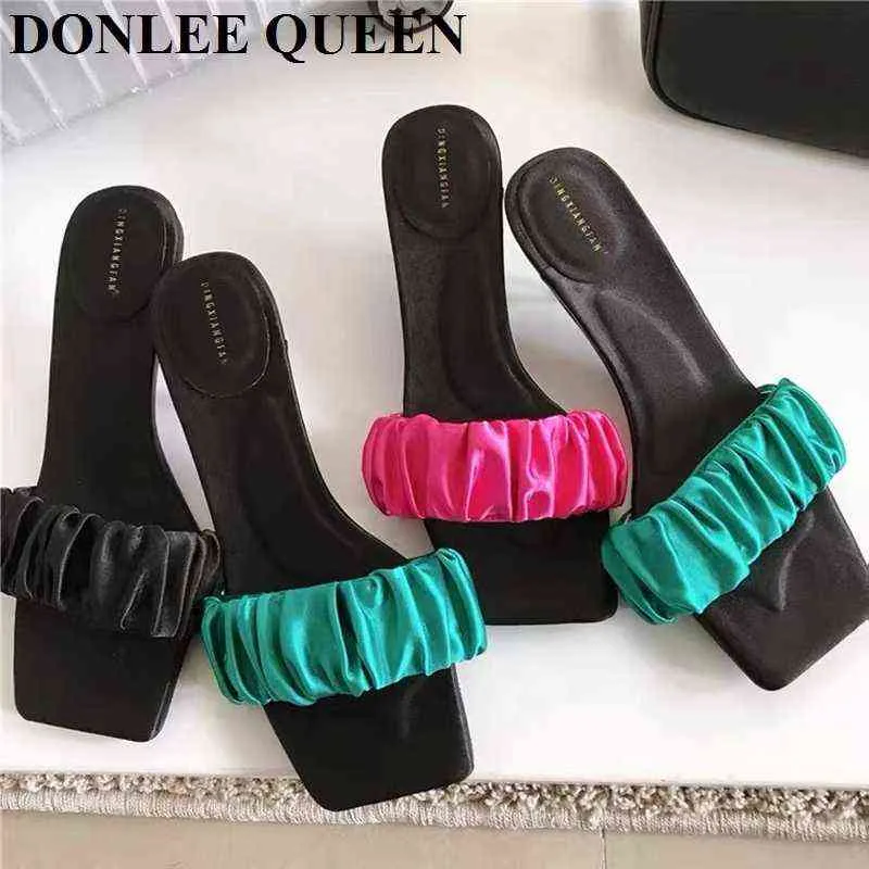 النعال Pantoufles de Marque Talons Hauts Pour Femmes Sandales Enfiler ملقط D'Implieur Lgantes Plisses Chaussures De Mode Vertes 220307