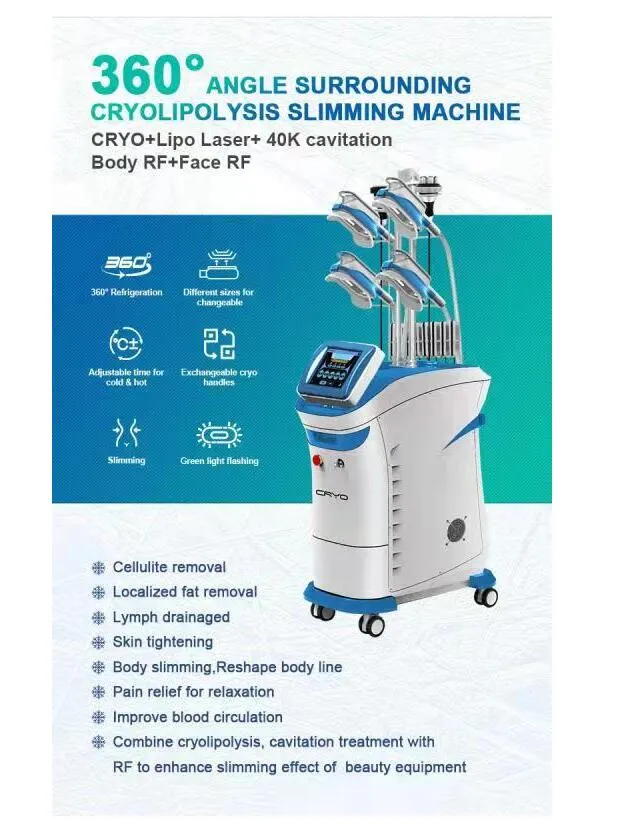 Powerful 360° Multifunction Cryo freeze slimming weight reduce 5 handles working together Cryolipolysis+Cavitation+RF+ lipolaser double chin removal Machine