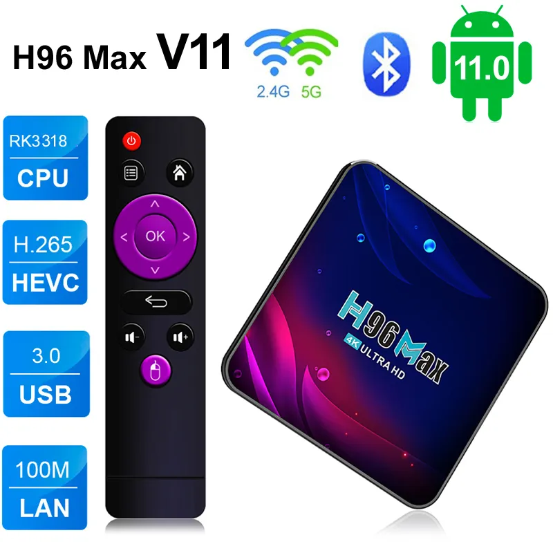 H96 Max V11 Android 11.0 Smart TV Box RK3318 Quad Core 4GB 64GB Android11 TVBox 5G Wifi 4K H.265 Lettore multimediale Set top box da 2GB 16GB 4G32G