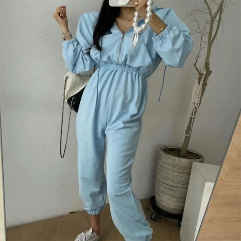 Vår Höst Kvinnor Casual Tracksuit Jumpsuits Kvinna Romper Hooded Zipper Bomull Sexig Outwear Jogging Outfits Jumpsuit 210519