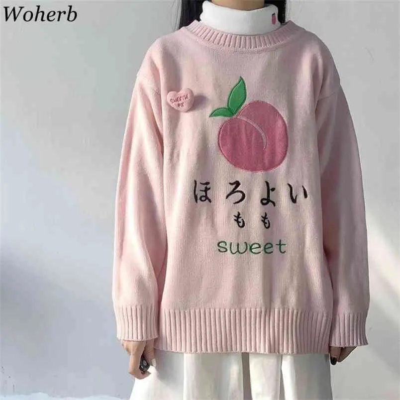 Sweter damski Japoński Kawaii Ulzzang Harajuku Peach Haft Cute Różowy Kobiet Koreański Odzież Dla Kobiet 210519