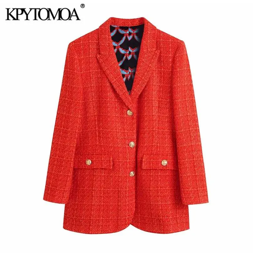 Kpytomoaの女性のファッションプリント裏地フィットツイードブレザーコートビンテージ長袖ポケット女性の上着シックなベステ211006