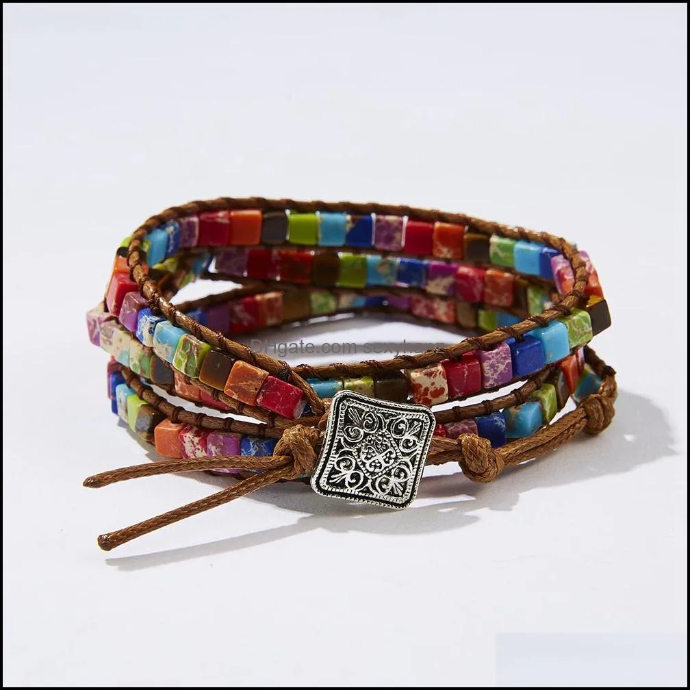 wholesale Bohemia Three layers square seven chakra strands emperor natural stone beads hand woven Bracelet accessories