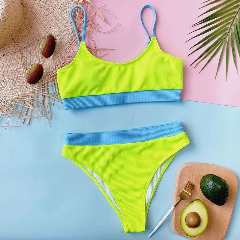 Ribbing Two piece Suits Sky Blue 2023 Sexy Bikini Set High Waist Pleated Wavy Neon Swimsuit Women Bandage BeachWear Monokini Swimwear Push Up Bathing