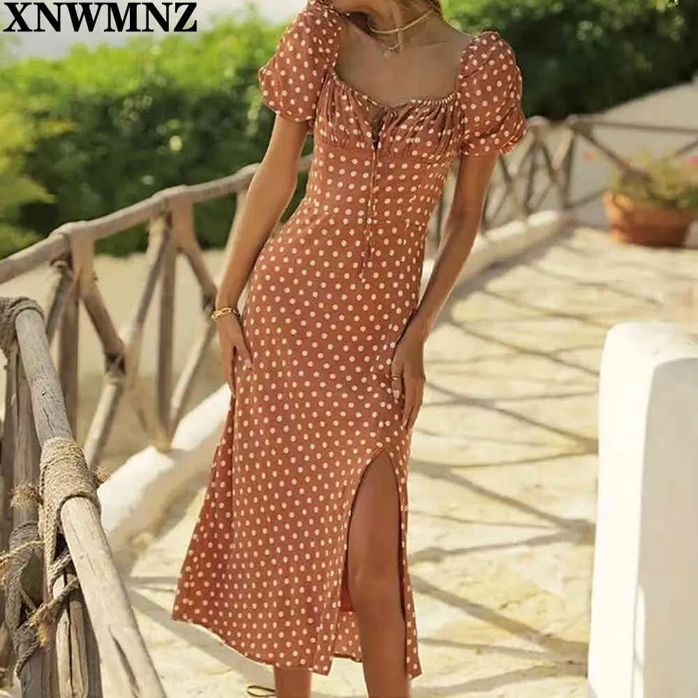 Nwmnz Moda Krótki Rękaw Kobiety Midi Sukienka Wakacje White Dot Druku Pomarańczowy Vestido Vintage Side Dresses Casual Robe 210510