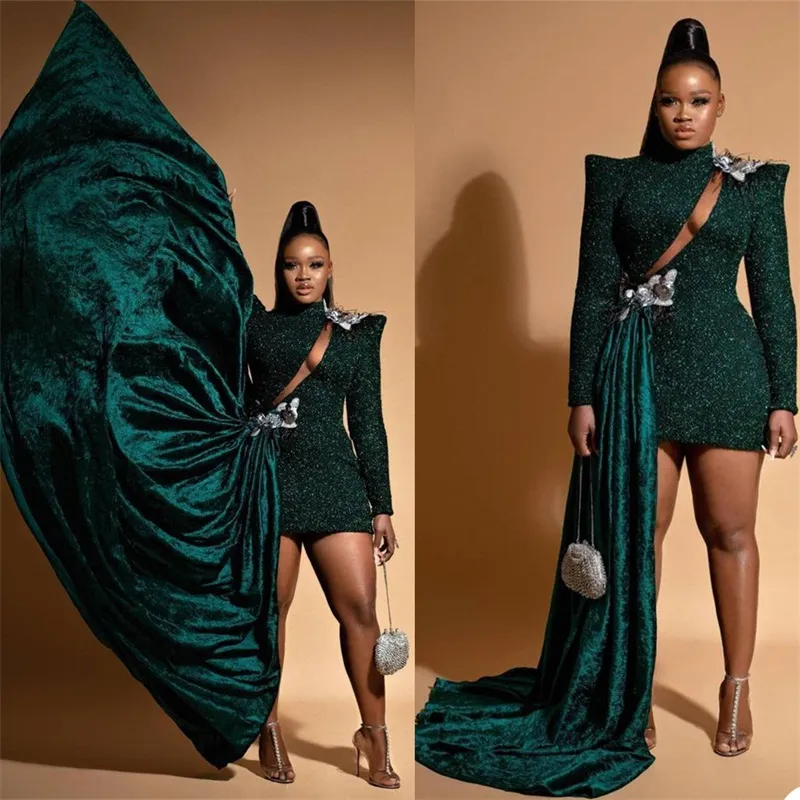 Dark Green Glitter Evening Dresses With Detachable Velvet Train High Neck Long Sleeves Formal Prom Dress Mermaid Dubai Custom Made Sexy Illusion Short Party Gowns