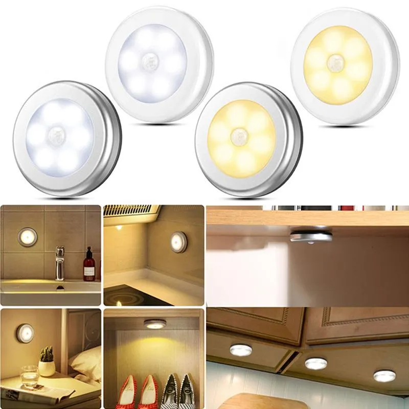 Luzes noturnas 6 LED bateria alimentado por alimentação / redonda sensor de movimento PIR indução sob a lâmpada do armário de luz do armário para a cozinha das escadas