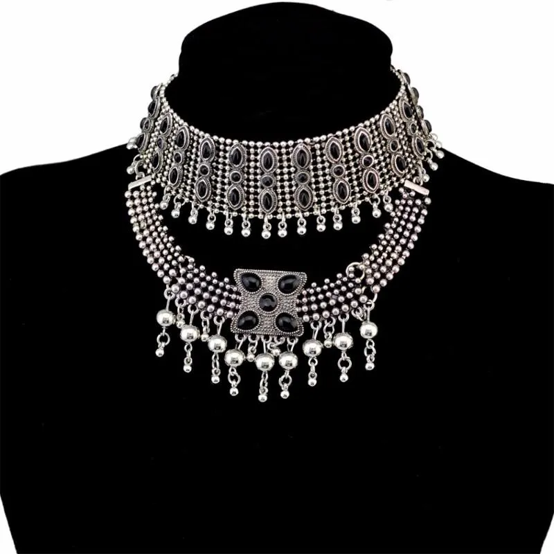 Bohemian Vintage Alloy Black Stone Choker Necklaces For Women Gypsy Tribal Turkish Chunky Necklace Festival Party Jewelry Gift Cho2234