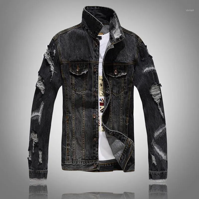 Hommes Vestes 2021 Hommes Déchiré Trou Denim Veste Lâche Grande Taille Casual Couple Manteaux Gris Noir À Manches Longues Printemps Et Automne High Street