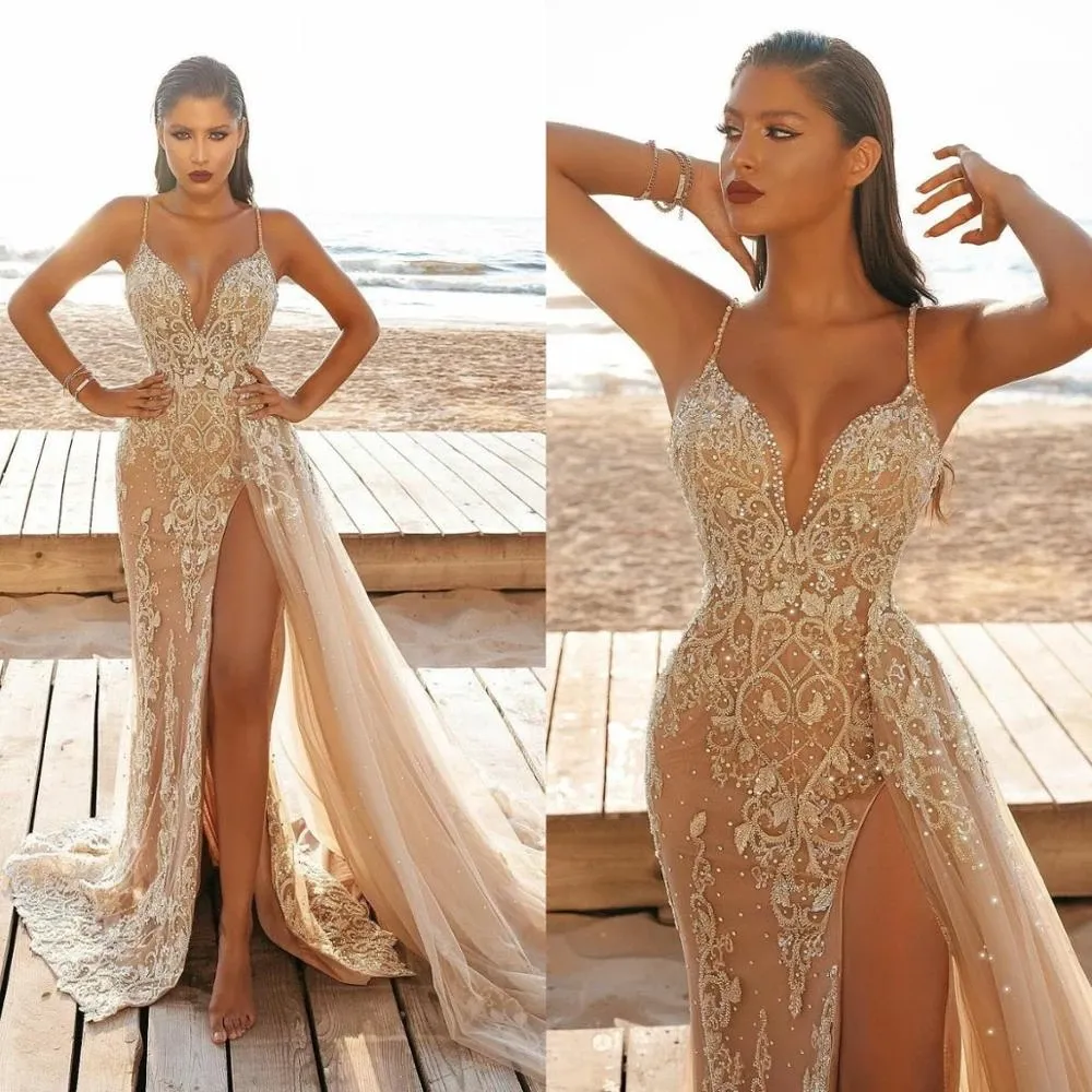 2021 Champagne Mermaid High Split Prom Dresses robes de soirée Spaghetti Straps Lace Beaded Evening Gowns Overskirt Sweep Train Tulle Party Dress