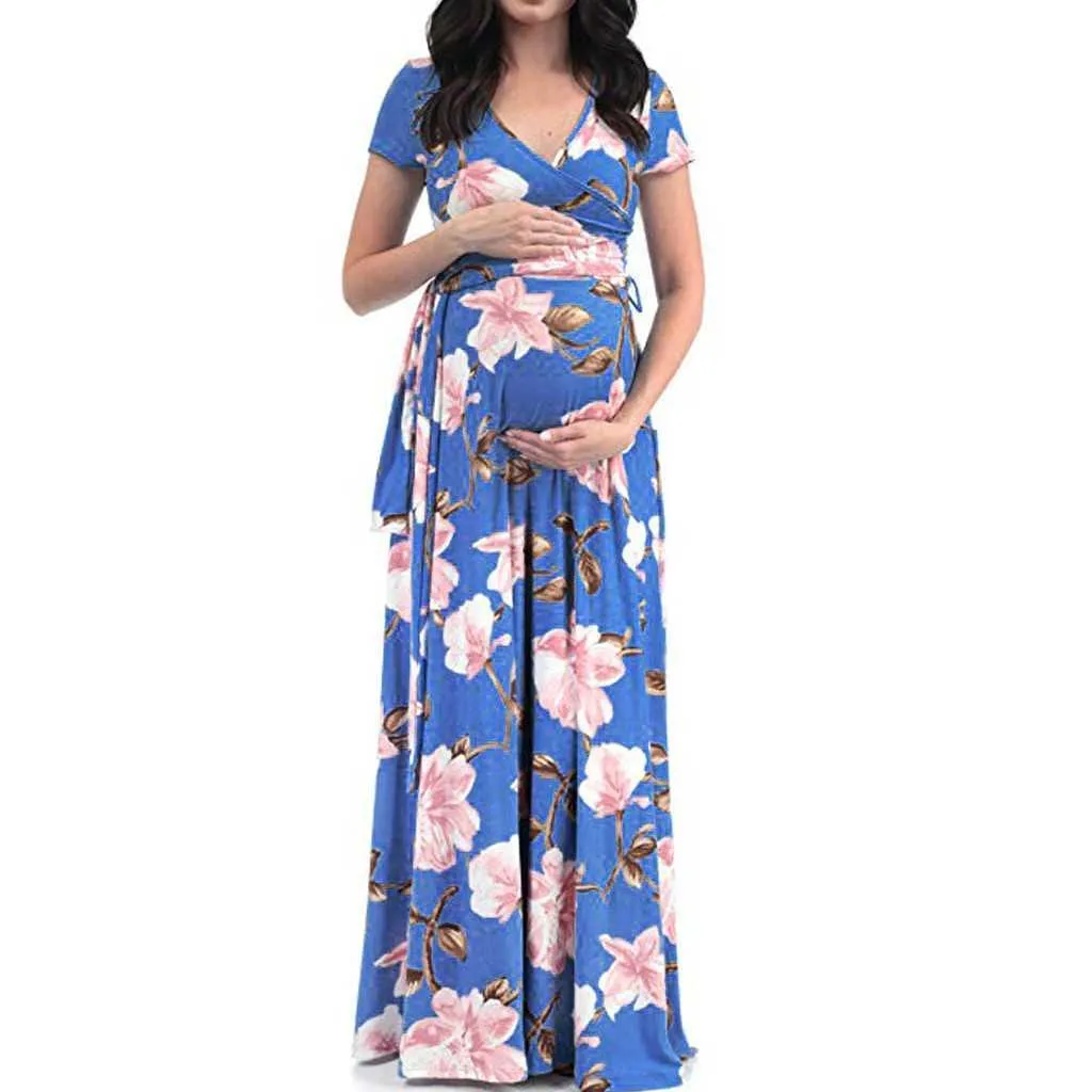 Sommar ny stil gravid kvinna blommig lång maxi klänningar moderskap fotografering kläder graviditet sundress för fotografering Q0713