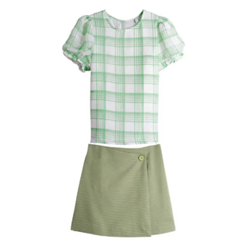 おそらくU緑の格子縞のシャツミニスカート2個セット女性夏のパフスリーブT0442 210529