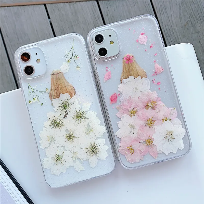 Custodie per cellulari con fiori secchi per ragazza carina per iPhone 11 12 Pro Max Xs Xr SE 7 8 plus Protezione per cellulare Giltter Cover trasparente