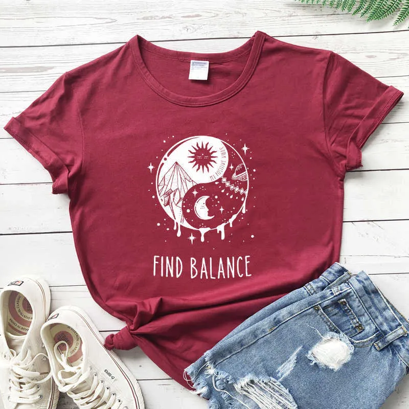 Find Balance Yin Yang T-shirt Aesthetic Women Grunge Gothic Top Tee Shirt Mystical Sun Moon Day Night Nature Tshirt Y0629