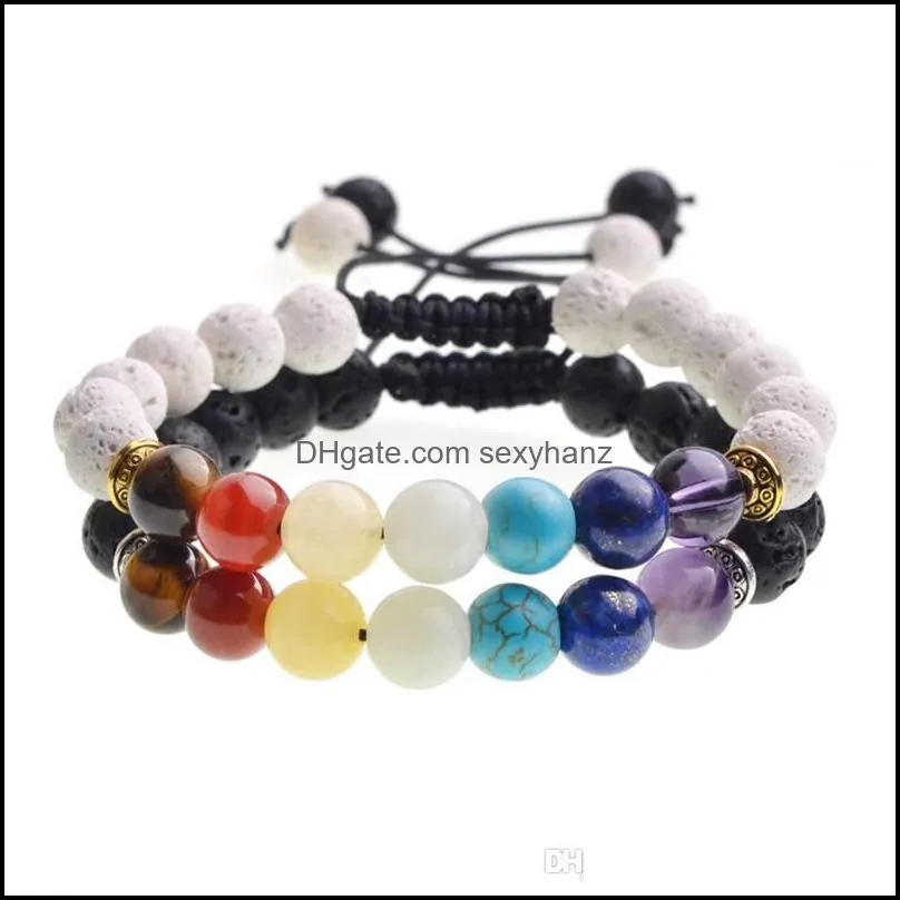 Men`s and Women`s 8mm Black and White Lava Rock 7 Chakra Aromatherapy  Oil Disperser Elastic Bracelet Braided Natural Stone Yoga