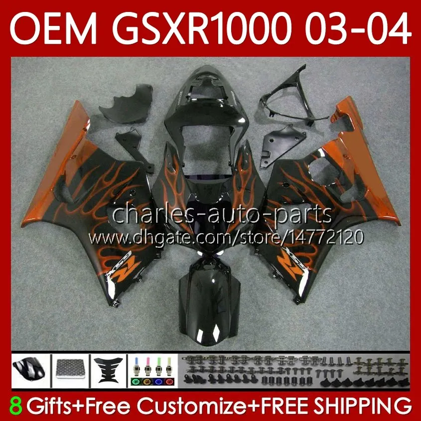 OEM FAIENINGS 100% FIT FÖR SUZUKI 1000CC K3 GSX-R1000 03-04 BODY 67NO.210 GSXR 1000 CC GSXR1000 Orange Flames 2003 2004 K 3 GSX R1000 GSXR-1000 03 04 Injektionsformkroppar